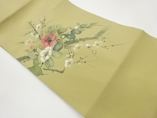 Nagoya obi with gold-colored hand-painted leaves and flowers on crepe de chine
